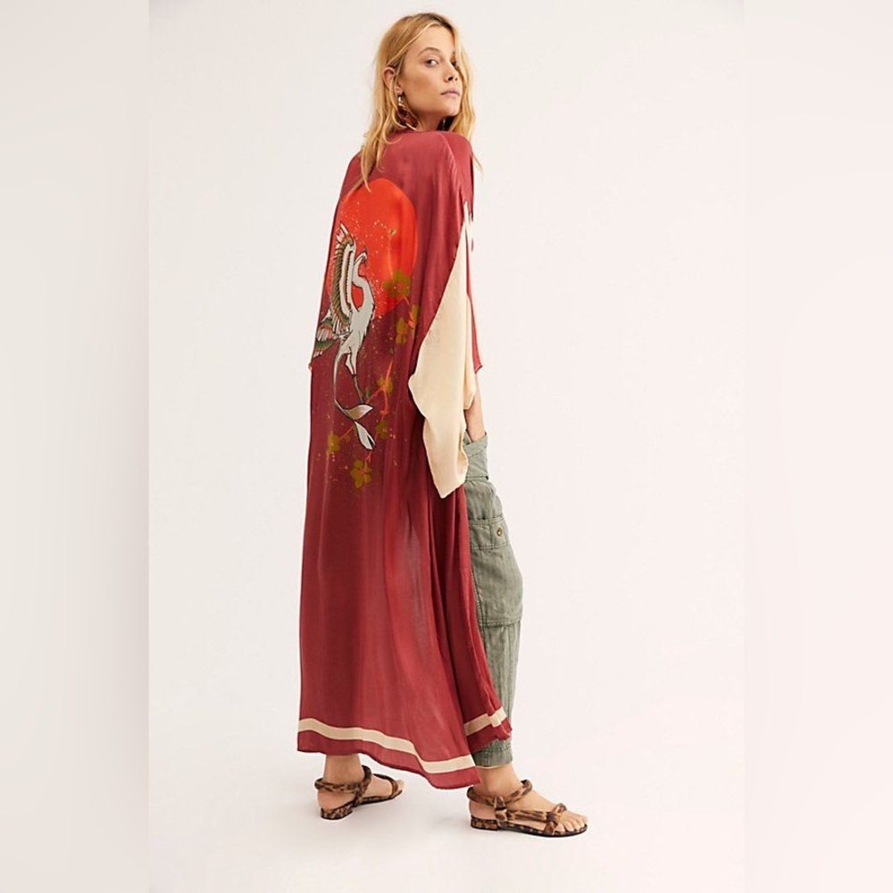 Free People Rising Sun Maxi Crane Printed Kimono Robe